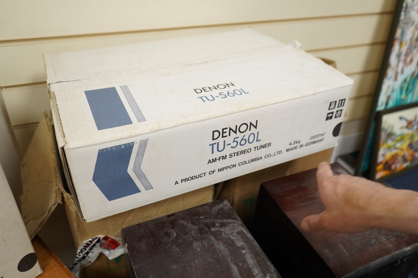 A pair of Monitor 14 loudspeakers, a Denon PMA-880R amplifier, a Denon TU-560L AM-FM tuner, a Bose subwoofer and a pair Bose Red Line cube swivel speakers, the. Denon and Monitor items are in their original card boxes.